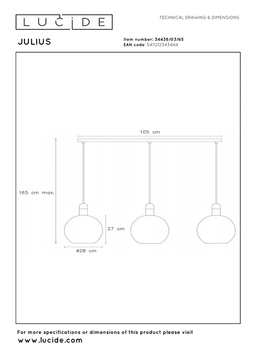 Lucide JULIUS - Suspension - 3xE27 - Fumé - technique